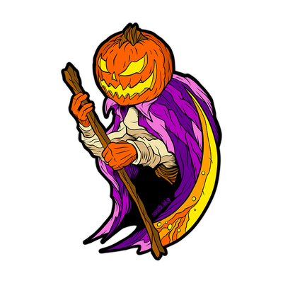 "Pumpkin Reaper Standard Yellow Scythe" Sticker by Matthew Johnson