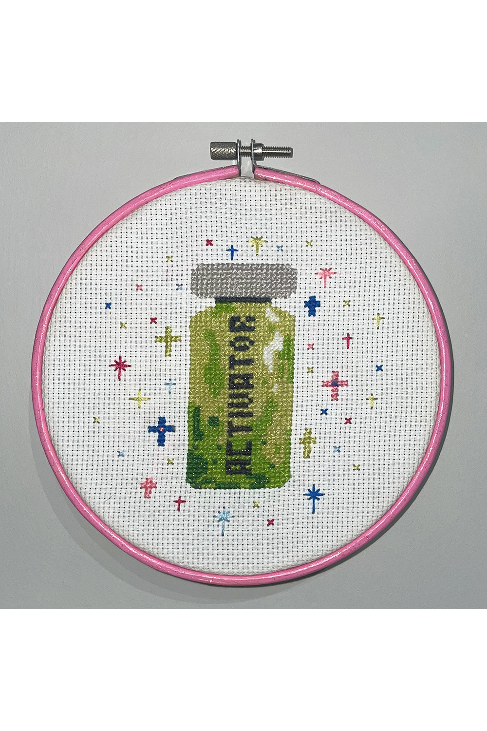 "Activator" Sue Pink Cross Stitch Original by Emily Larrabee
