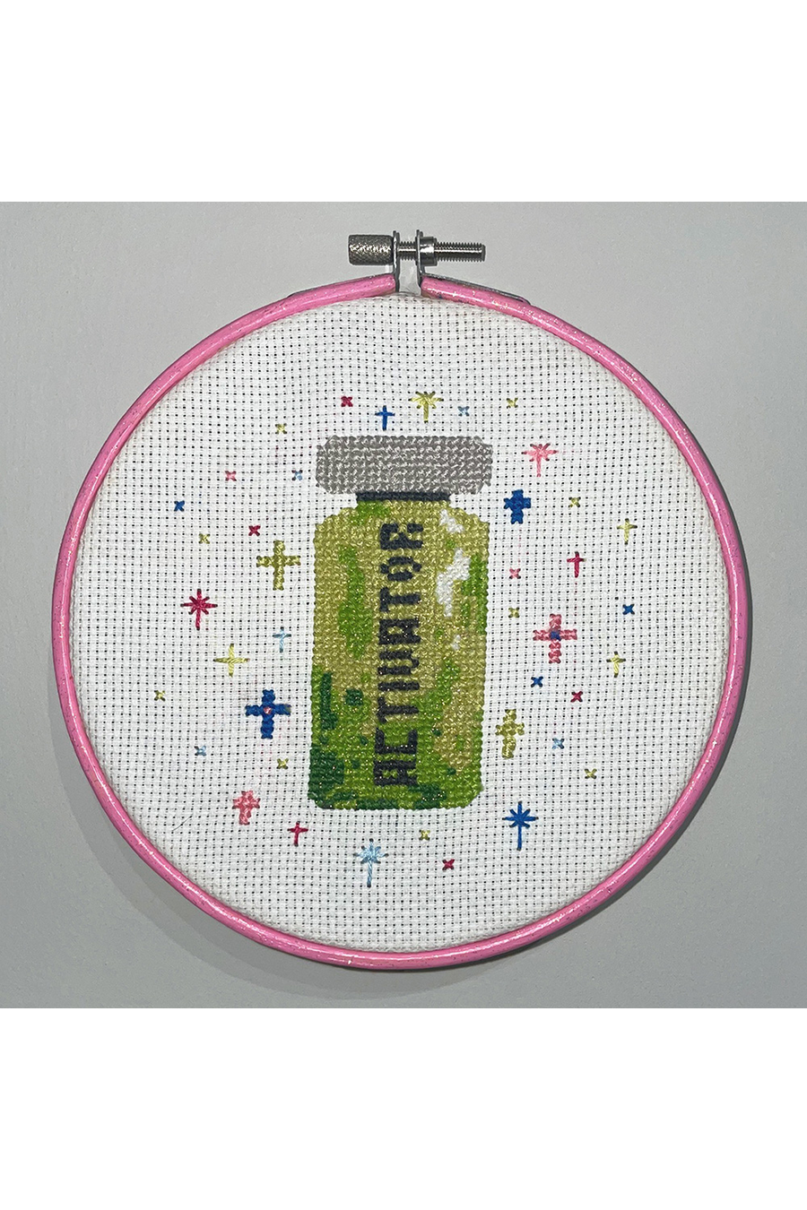 "Activator" Sue Pink Cross Stitch Original by Emily Larrabee