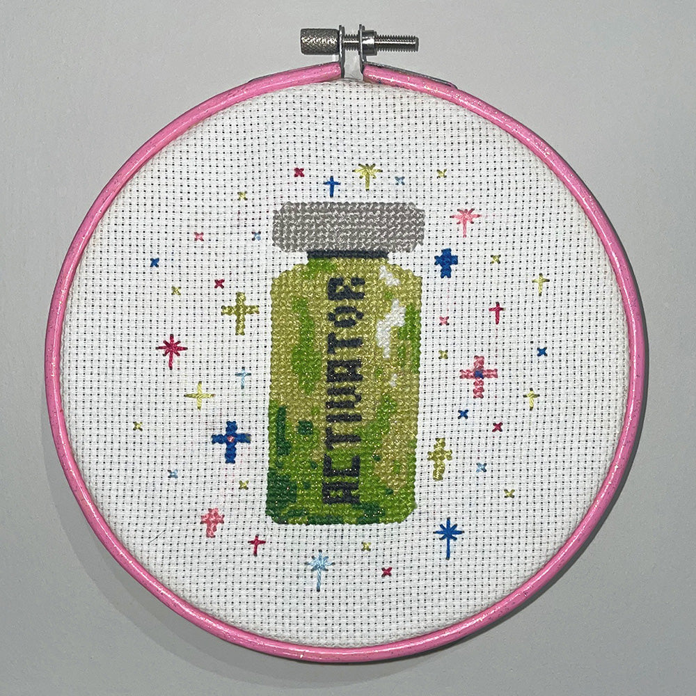 "Activator" Sue Pink Cross Stitch Original by Emily Larrabee