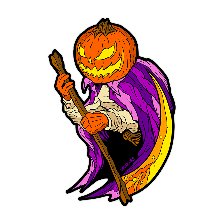 "Pumpkin Reaper Standard Yellow Scythe" Sticker by Matthew Johnson