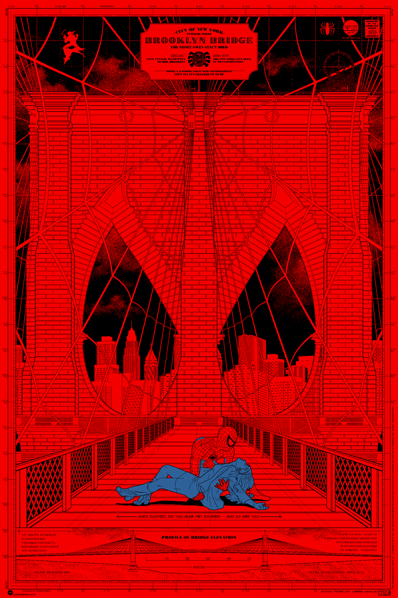 "Suspension Schematic (The Night Gwen Stacy Died Variant)" by Anthony Petrie - Hero Complex Gallery