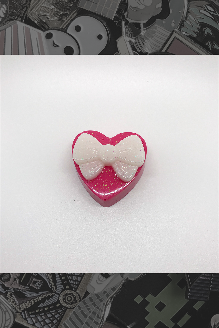 055. "Pink Heart with White Bow" Pin by Dare to Dream Flair - Hero Complex Gallery